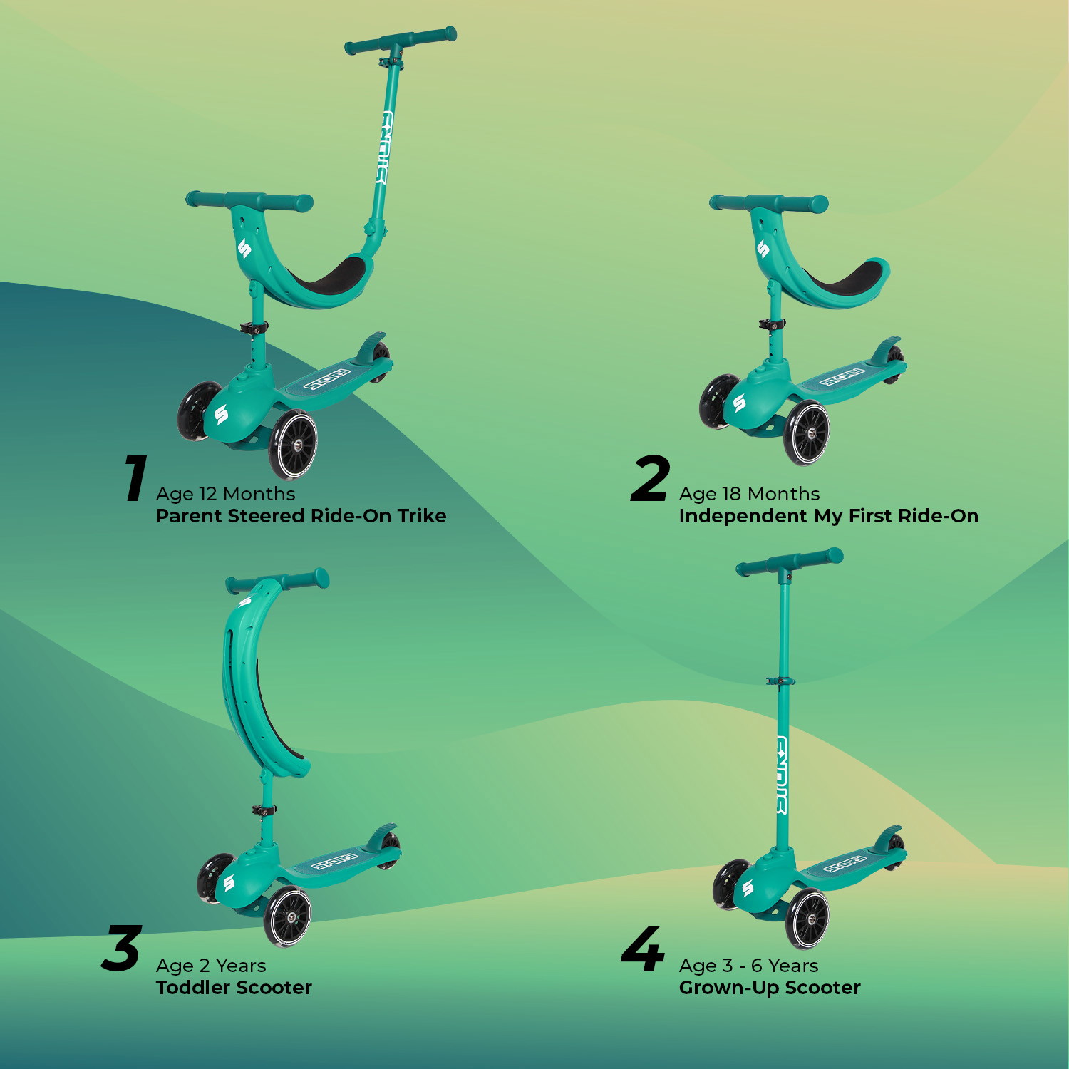 Story 4IN1 LED dziecięcy 3-kołowy trottinette