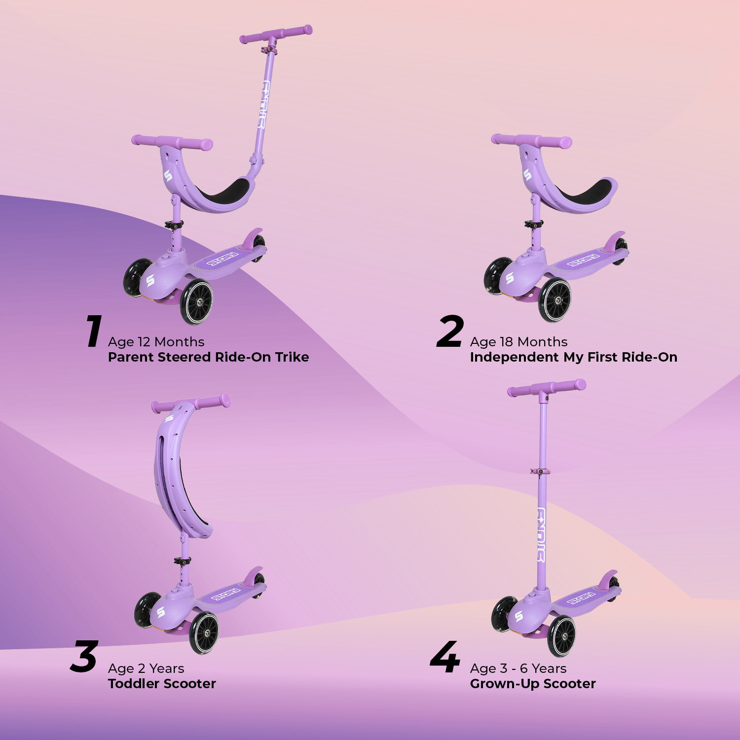 Story 4IN1 LED dziecięcy 3-kołowy trottinette