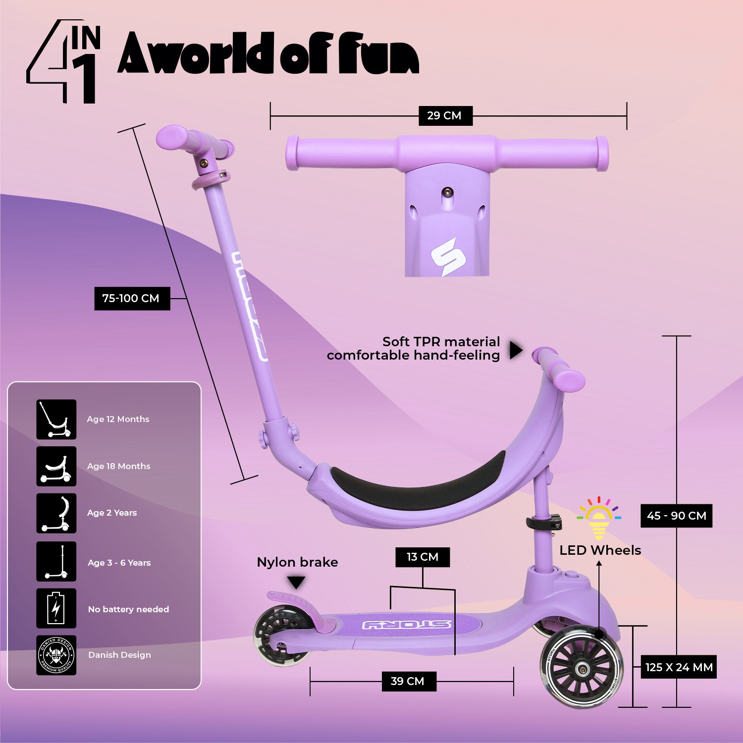 Story 4IN1 LED dziecięcy 3-kołowy trottinette