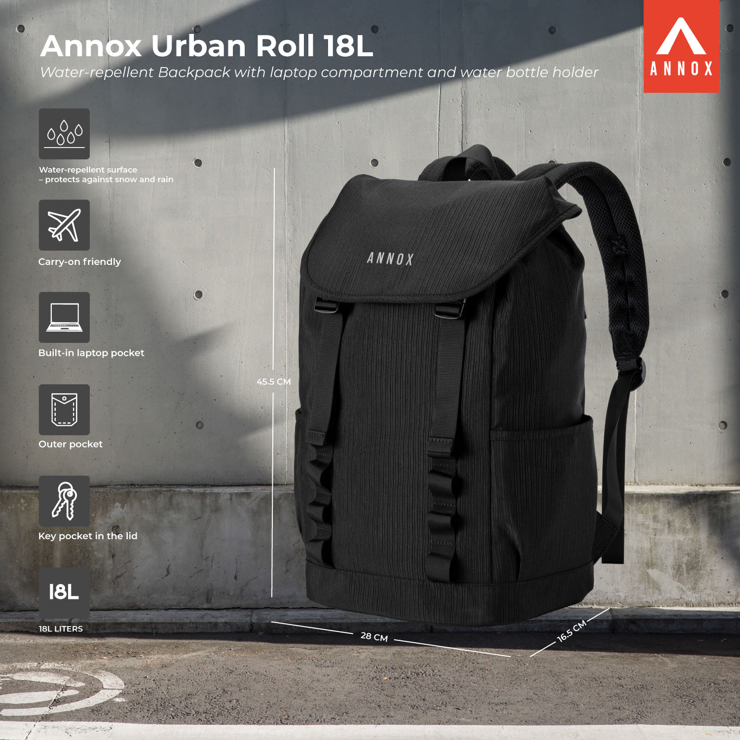 Plecak Annox Urban Roll 18L - Wodoodporny plecak z przegrodą na laptopa i uchwytem na butelkę